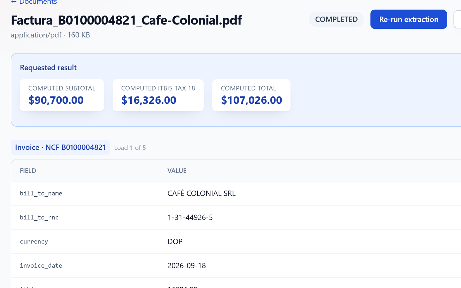 Swiftract invoice lines with subtotal, tax and total each marked as checked