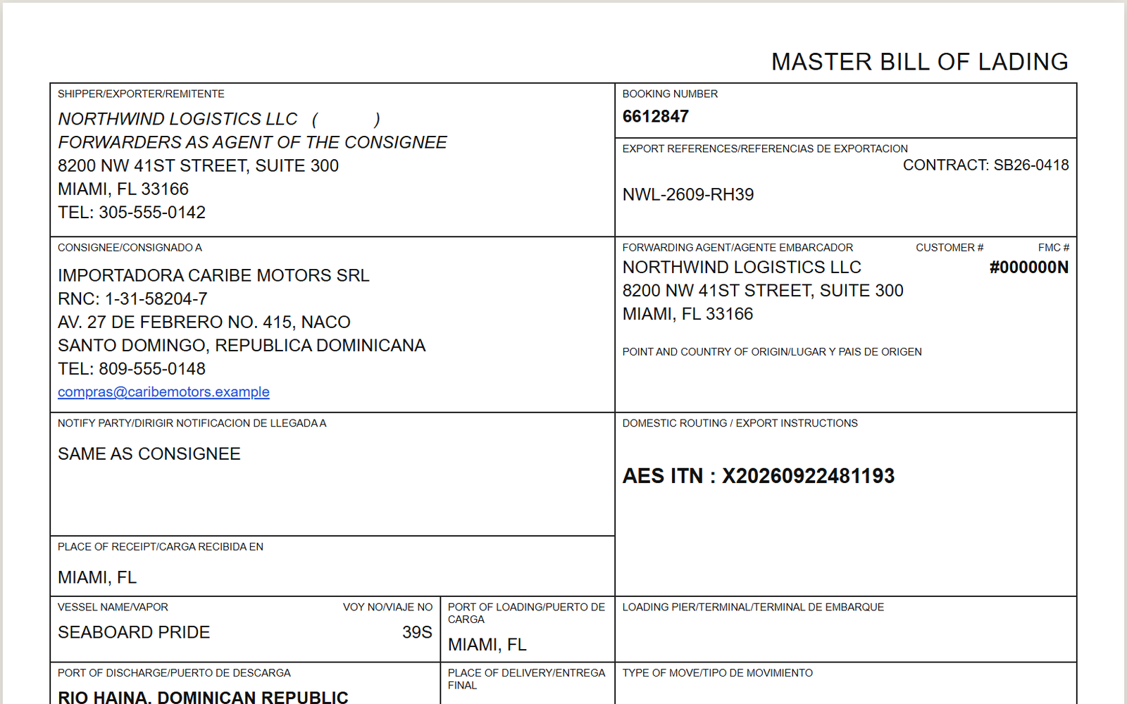 A carrier-format Bill of Lading generated by Swiftract, ready to print