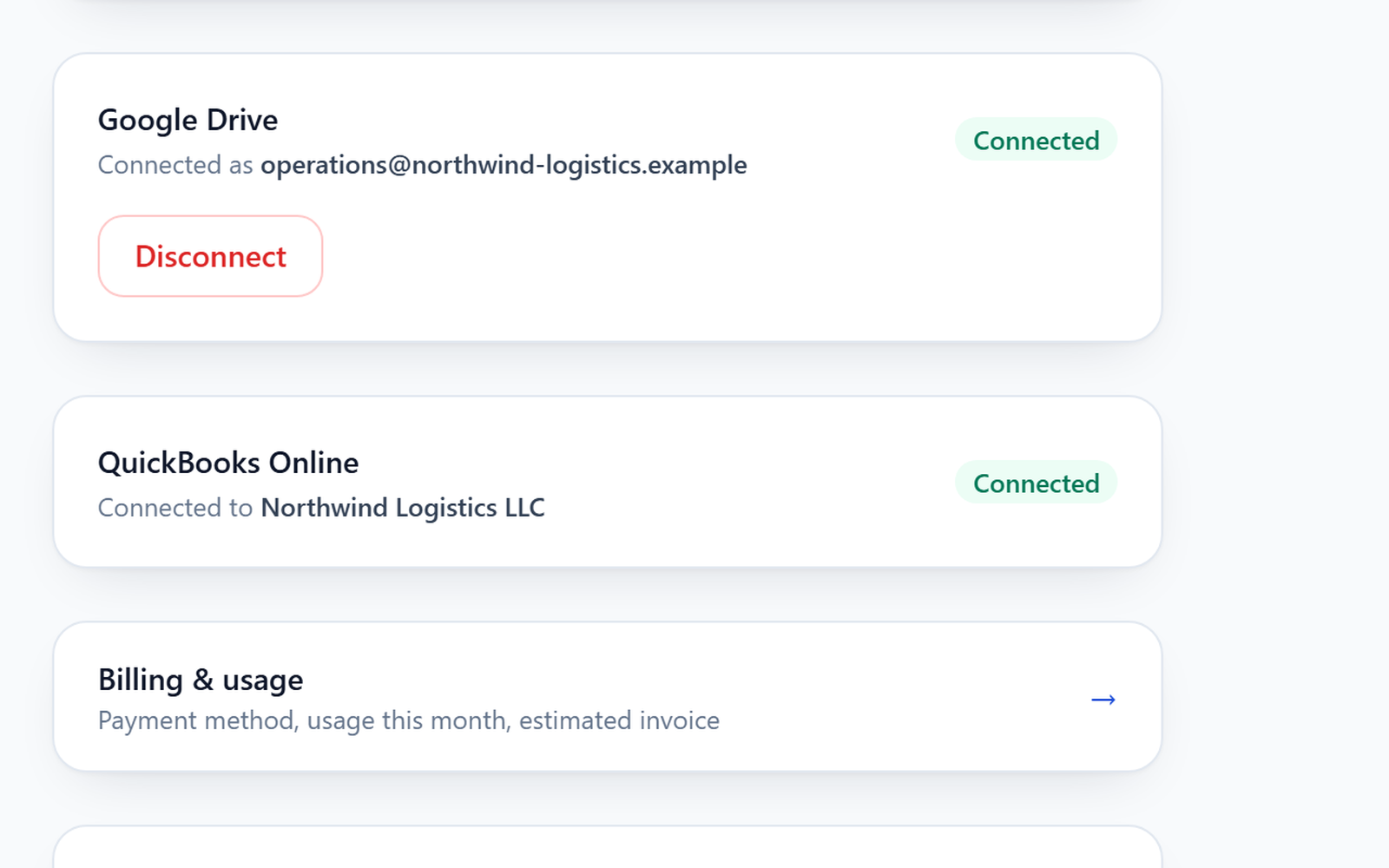 Swiftract settings showing QuickBooks Online connected for the organization