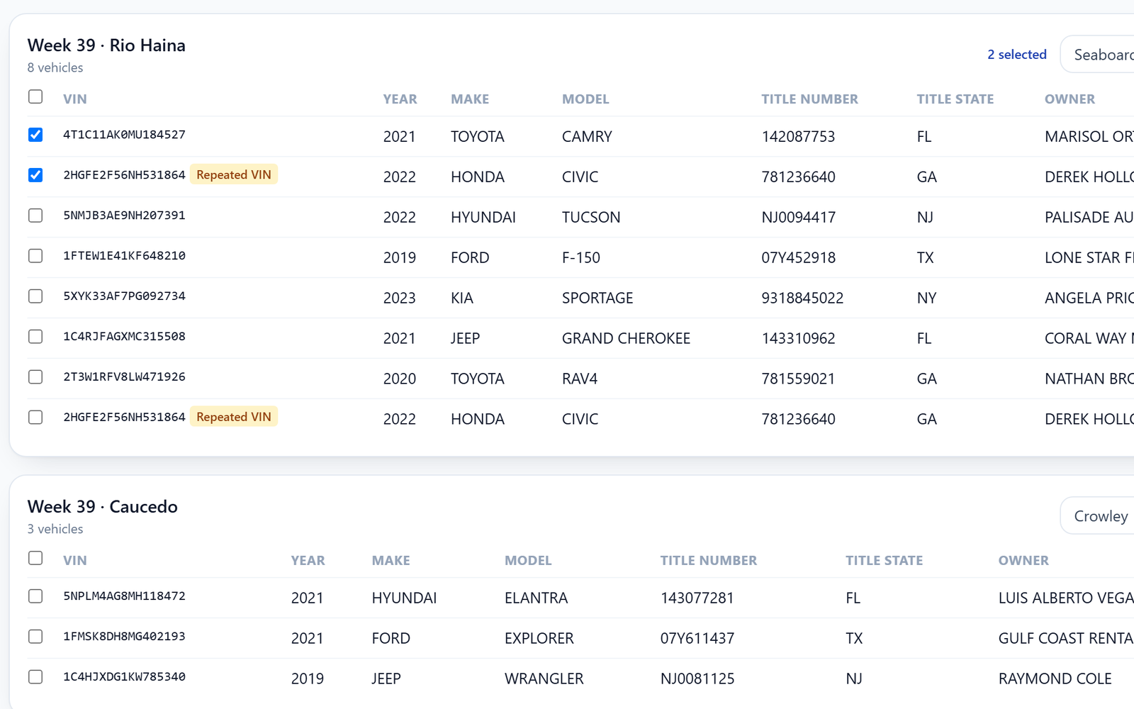 Swiftract vehicle titles list with VIN, year, make, model and a validation status for each vehicle